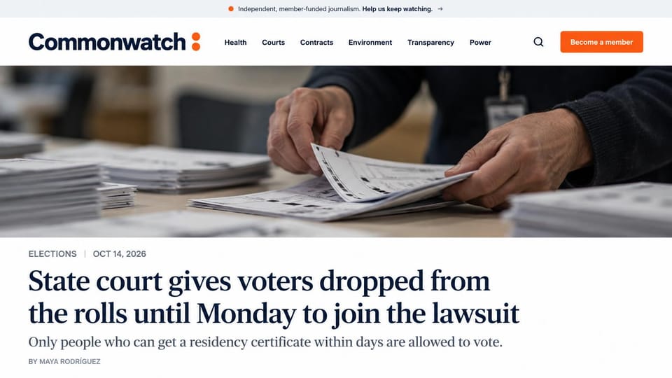 News and magazine website design, member-funded watchdog with a wide photo lead: thin gray member strip, a bold navy wordmark with an orange colon, an orange become a member button, hands sorting ballots, a large navy serif headline