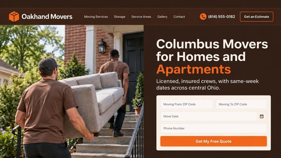 Moving company website design, apartment and home movers in rich brown: dark brown page, a photo of movers in brown shirts carrying a sofa up brick steps, a white headline ending in orange, a white quote form with an orange button