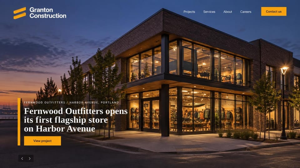 Construction website design, retail builder with a storefront lit at dusk: a brick and glass store lit at dusk, a white serif project headline beside a yellow bar, a yellow button and slide arrows