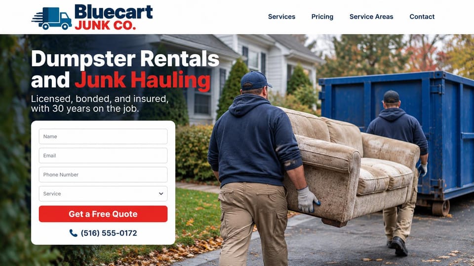 Junk removal website design, dumpster rental and junk hauling with a form: white header with a blue and red logo, a photo of two crew members in navy hoodies carrying a worn sofa toward a blue dumpster, a white headline with red words, a white quote form