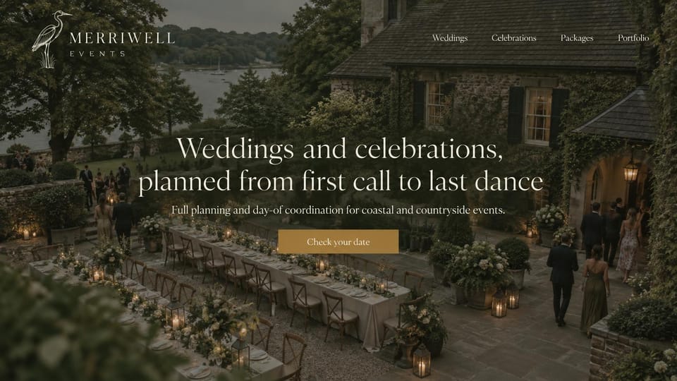 Event planner website design, estate celebrations at dusk from above: dusk aerial photo of a stone estate courtyard set with long tables and lanterns, centered white serif headline, gold button