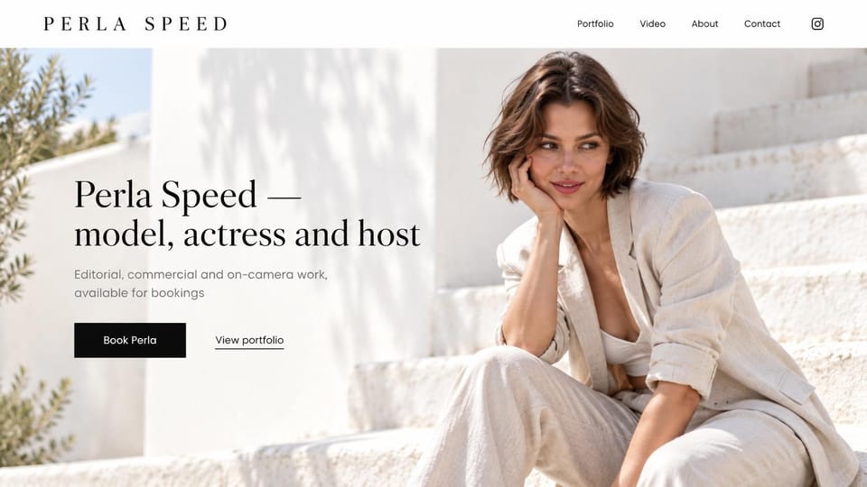 Model portfolio website design, model, actress and host in sunlight: sunlit white steps with a woman in cream linen, a large black serif headline and a black booking button