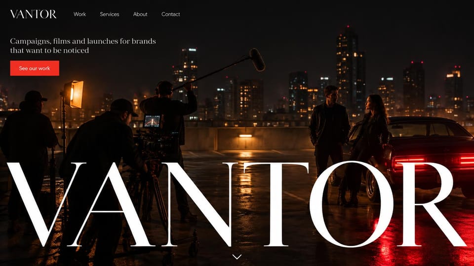 Agency website design, film and launch agency at night: a film crew on a rooftop at night over a city, a huge white serif wordmark and a red button