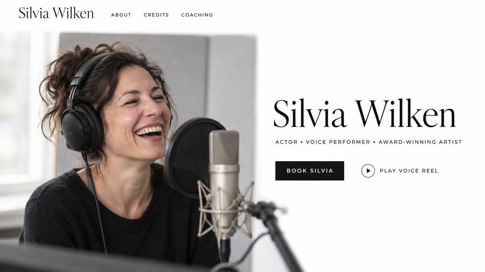 Actor website design, actor and voice performer, clean and bright: white page, a large black serif name, a black book button and a reel link beside a laughing woman in headphones at a studio microphone