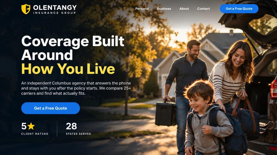 Insurance agency website design, family coverage on a dark sunset photo: dark navy shading over a family loading a car at sunset, white and yellow headline, blue quote buttons and a row of ratings