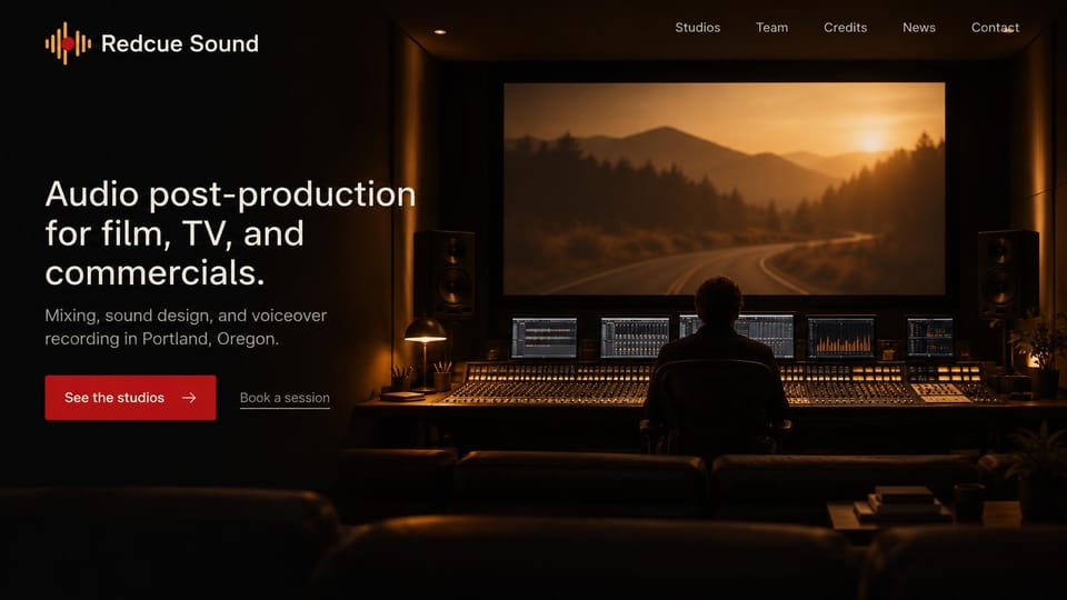 Recording studio website design, audio post for film and TV facing the big screen: dark mix stage with an engineer at a console facing a large screen showing a mountain road at dusk, white headline, red studios button and a session link