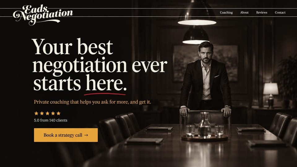 Coaching website design, negotiation coaching in black and white: black and white boardroom with a man at the table, a large serif headline and a gold button