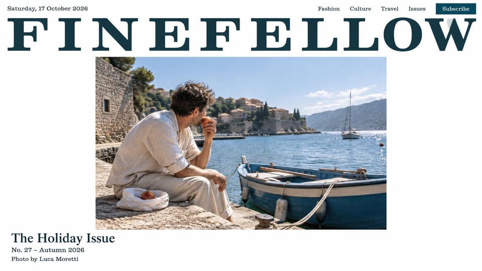 News and magazine website design, men's fashion and travel magazine with a full-width masthead: white page, huge spaced dark teal serif masthead, a man in linen eating a peach on a stone harbor wall beside a blue rowboat, serif issue title lower left