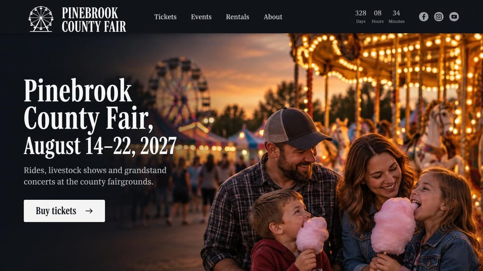 Event website design, county fair at dusk by the carousel: black header with a countdown, dusk photo of a family eating cotton candy by a lit carousel, white serif headline, white ticket button