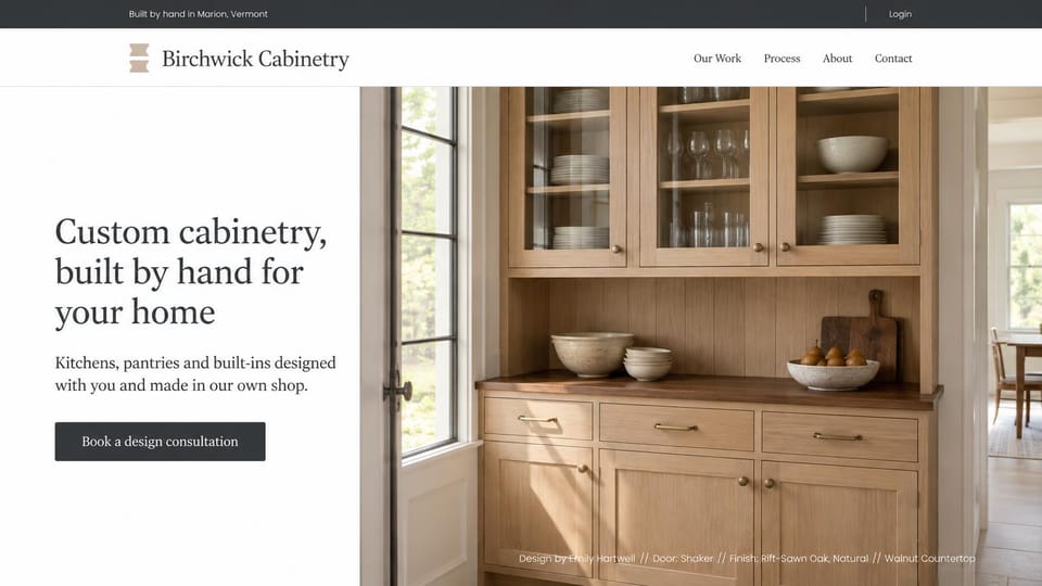 Carpentry website design, custom cabinetry with a captioned project photo: white page, a large serif headline and a charcoal consultation button beside a photo of an oak hutch with glass doors
