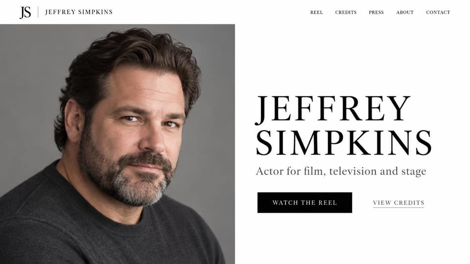 Actor website design, screen and stage actor with a big serif name: white page, a monogram logo, a gray-backed headshot of a bearded man beside a huge black serif name, a black reel button and a credits link
