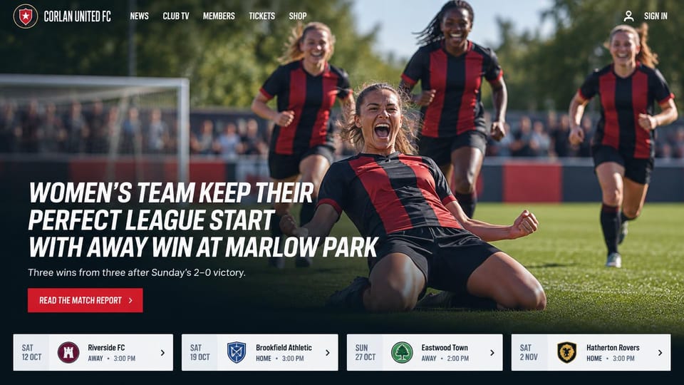 Business website design, women's soccer with a fixtures strip: women in red and black stripes celebrating a goal, an italic white headline, a red button and four white fixture cards along the bottom