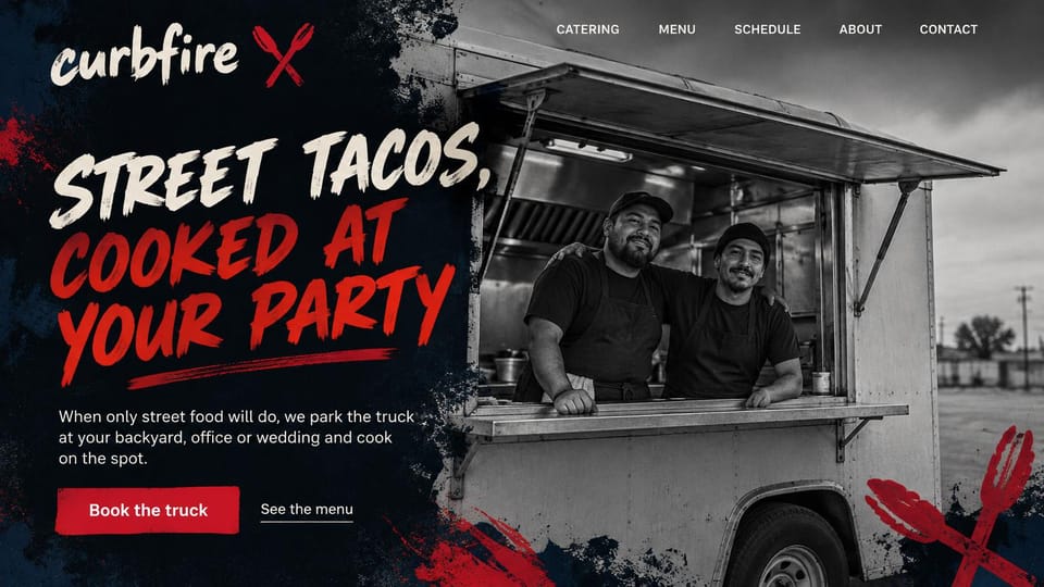 Catering website design, food truck catering for parties and weddings: black page with red brush strokes, a cream and red brush lettered headline, a red book the truck button and a black and white photo of two cooks at their truck window