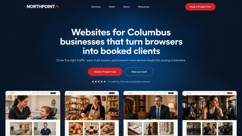 Agency website design, web design for local businesses with site previews: navy page, a centered white headline, a red button and four website previews for local businesses