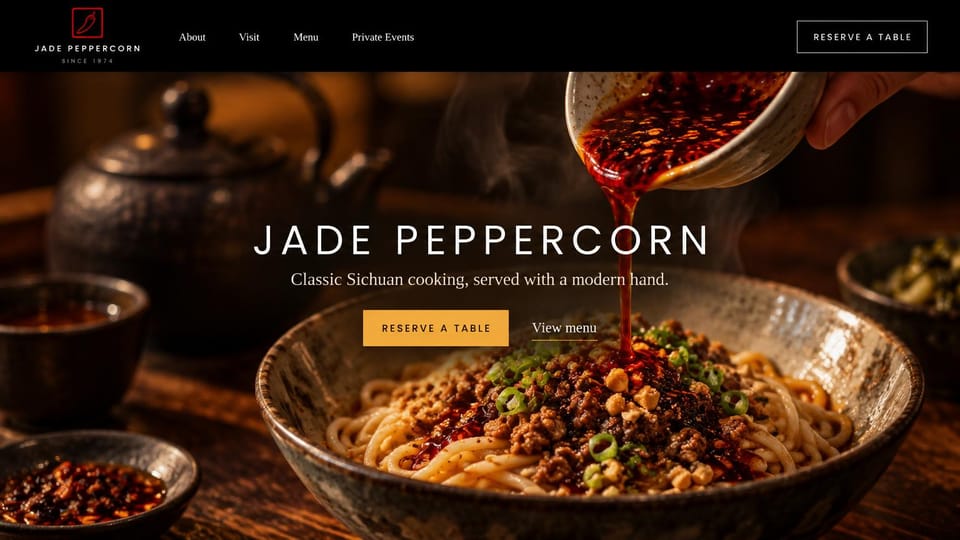 Restaurant website design, sichuan kitchen with a chili oil close-up: black header, chili oil poured over noodles under spaced white capitals and a gold button