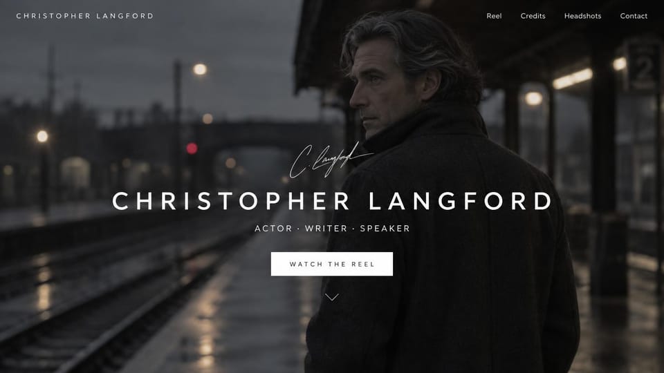 Actor website design, actor and writer on a rainy platform: dark photo of a man in a coat on a wet train platform at dusk, a white signature, spaced capitals and a white button