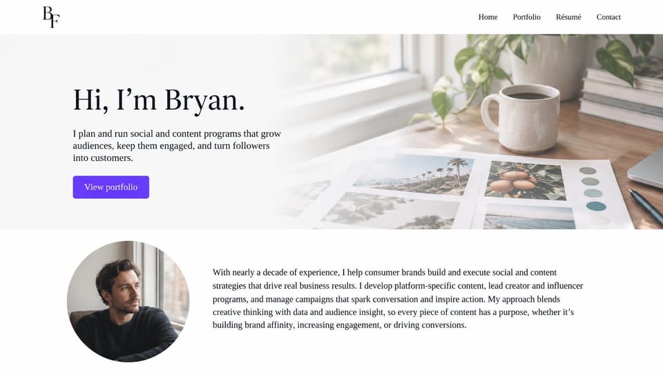 Resume website design, social media manager with a moodboard desk photo: white page, large black serif hello, purple portfolio button, soft desk photo with prints and a mug, round portrait above a bio