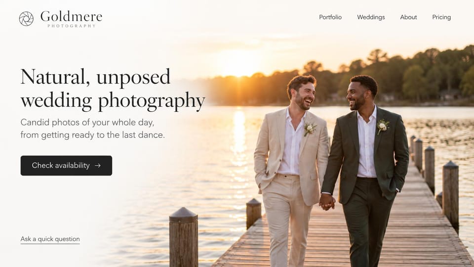 Wedding photographer website design, wedding photographer with two grooms on a sunset dock: white fading into a sunset lake, two grooms walking hand in hand on a dock, a black serif headline and a black button