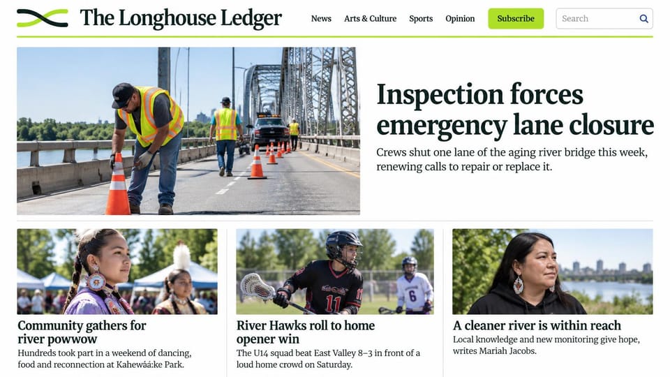 News and magazine website design, community newspaper with the lead photo beside its headline: white page, a dark green serif masthead with a lime rule and subscribe button, a road crew on a steel bridge, and photos of a powwow, a lacrosse game and a riverside portrait