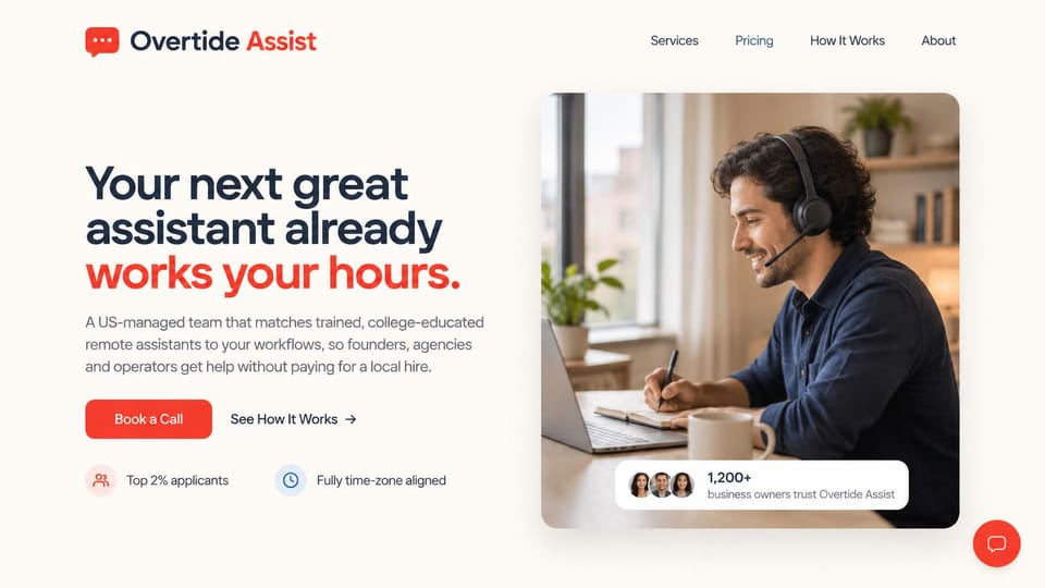Virtual assistant website design, remote assistants matched to your time zone: cream page, a heavy navy headline with red words, a red call button and a rounded photo of a man in a headset writing beside his laptop