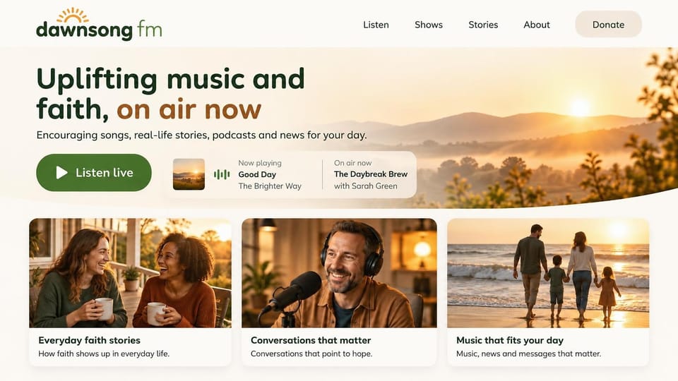 Radio station website design, faith and music radio at sunrise with story cards: cream page over golden misty hills at sunrise, dark green rounded headline with amber accent words, green listen button, frosted now-playing card, and warm photo cards of friends over coffee, a host in headphones and a family on a beach