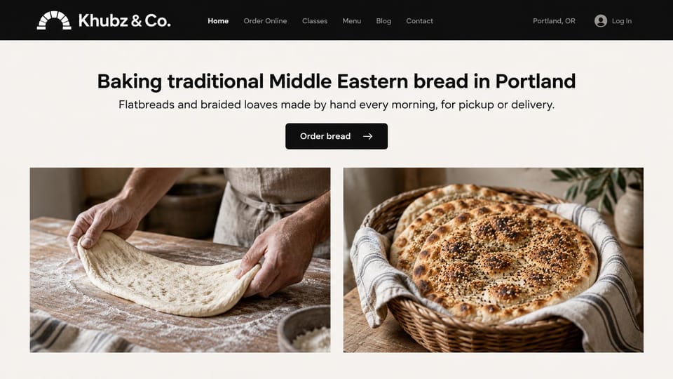 Bakery website design, flatbread bakery with dough in hand: black header on a cream page, a centered black headline and button above photos of hands stretching dough and a seeded flatbread