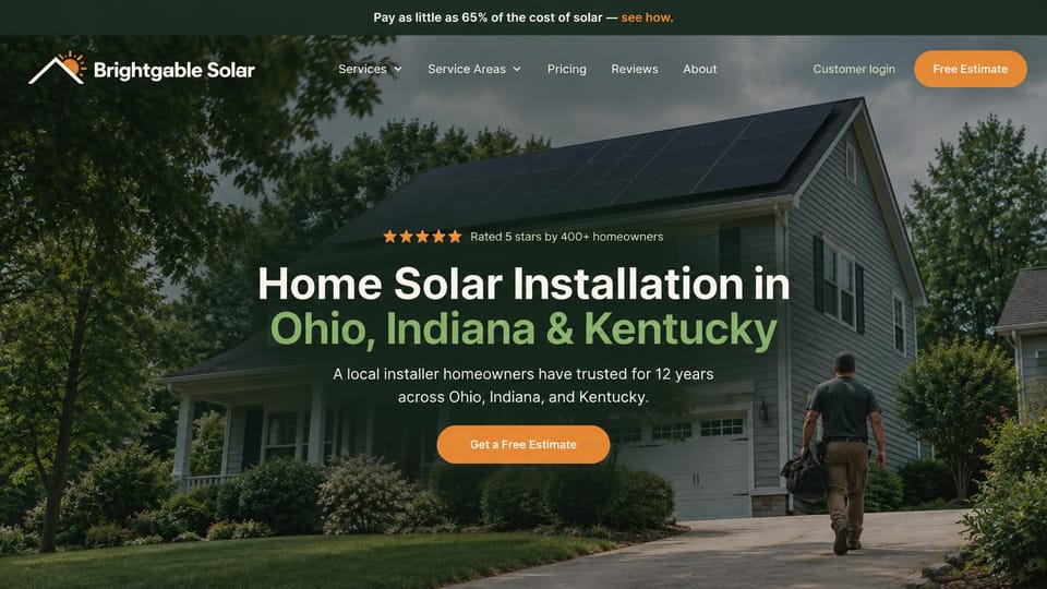 Solar website design, local installer with the rating above the headline: green-tinted photo of a two-story home with rooftop panels and an installer walking up the drive, a centered white and green headline, an orange button
