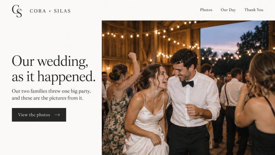 Wedding website design, after the wedding, a photo site: white page, large black serif headline beside a photo of a bride and groom dancing in a lit barn