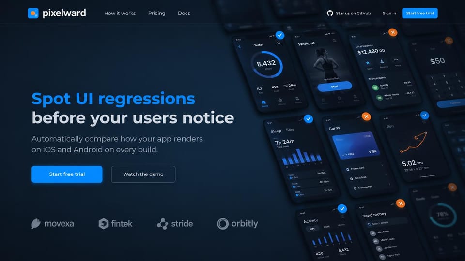 SaaS website design, app testing tool with screens in the background: dark navy, tilted mobile app screens behind a blue and white headline and a blue button