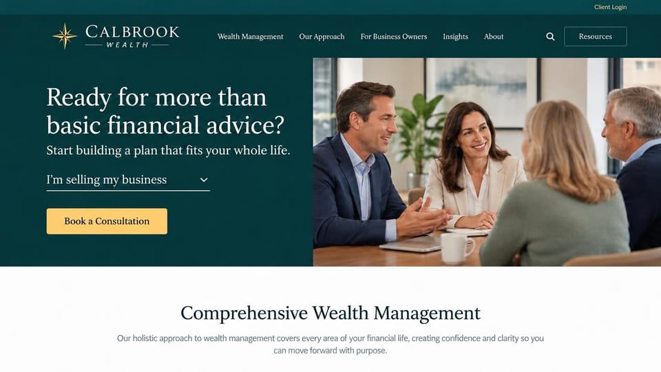 Financial advisor website design, planning for business owners with a goal picker: dark teal panel with a white serif question, a situation dropdown and yellow button, beside advisors meeting a client