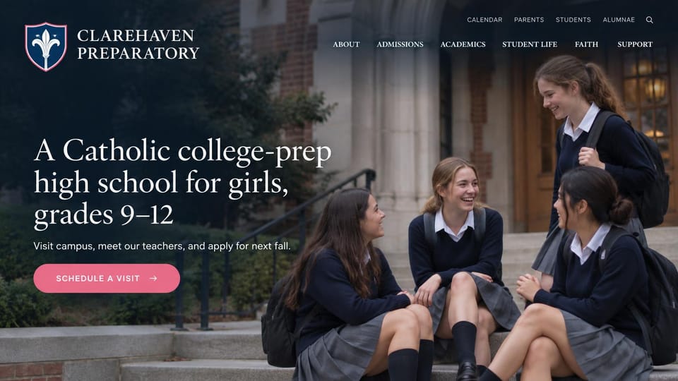 School website design, catholic girls' prep with a pink visit button: navy overlay on a photo of girls in uniforms on stone steps, a white serif headline, a pink visit button