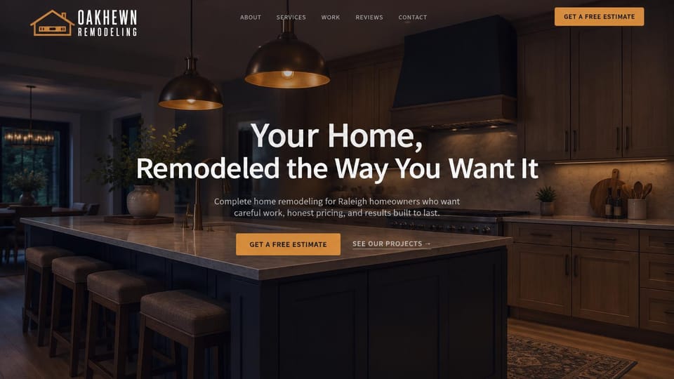 Remodeling website design, whole-home remodeling in a kitchen at night: a dark kitchen at night lit by copper pendants, a centered white headline, an amber estimate button and a projects link
