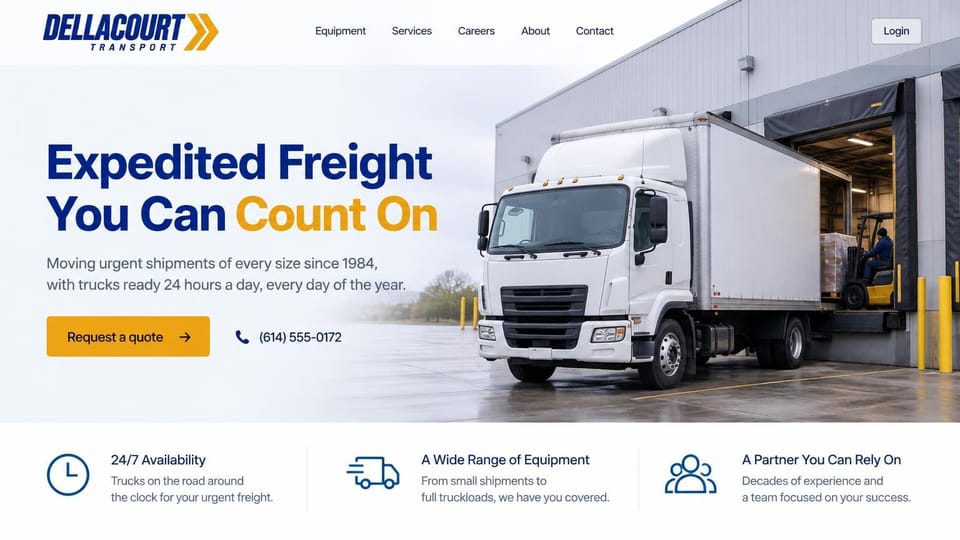 Logistics website design, round-the-clock expedited freight with a box truck: white page fading into a photo of a white box truck at a loading dock with a forklift inside, bold navy headline with a yellow accent, yellow quote button, a strip of three navy line icons below