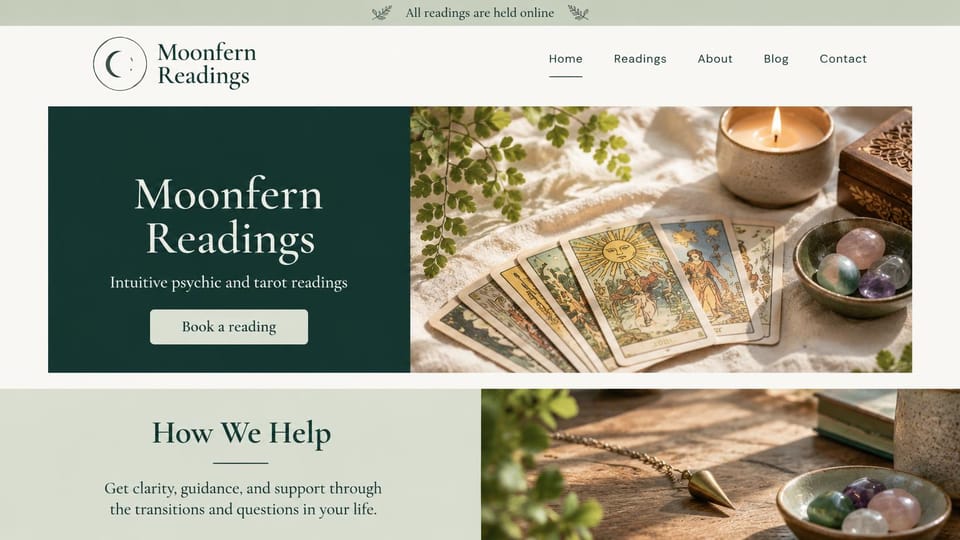 Astrology website design, psychic and tarot readings in sage and forest green: sage announcement bar, a deep green panel with a cream serif name and button beside a sunlit photo of tarot cards, a candle and crystals
