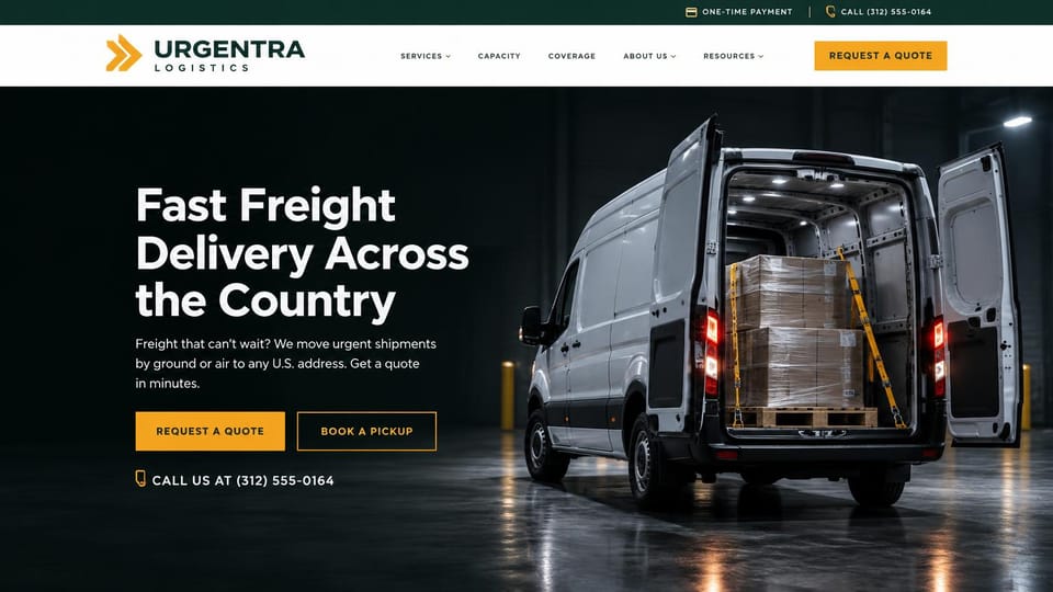 Logistics website design, expedited cargo van with a pallet on board: dark page, a white high-roof van with its rear doors open and a strapped pallet inside, white headline, a gold quote button and an outlined pickup button