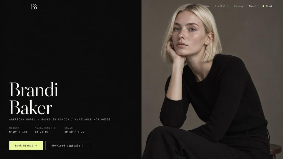 Model portfolio website design, fashion model with stats and a digitals download: black half with a large white serif name, small monospaced stats and a pale lime button, a studio portrait of a blonde woman in black on the other half