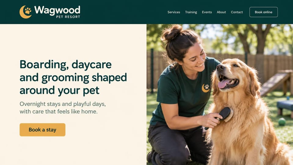 Pet business website design, pet resort with a caregiver in the yard: dark teal header, a cream panel with a green headline and gold button beside a caregiver brushing a golden retriever