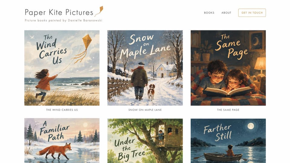 Author website design, picture books in a simple grid: white page, thin gray type and a grid of painted picture book covers