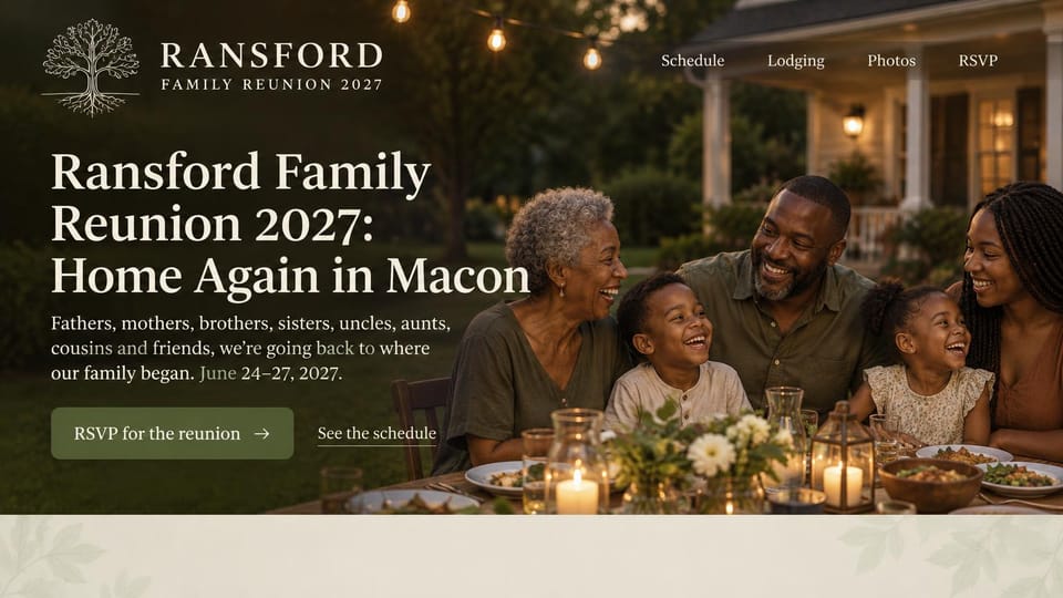Event website design, homecoming reunion with a family tree crest: dusk photo of three generations laughing at a candlelit outdoor table, cream serif headline, olive RSVP button, tree crest logo