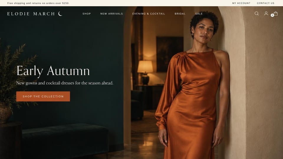 Fashion website design, cocktail and evening dresses in a dark teal room: dark teal room with a lamp, a woman in a rust satin one-shoulder gown leaning in a plaster archway, a spaced white logo, a white serif headline and a rust button