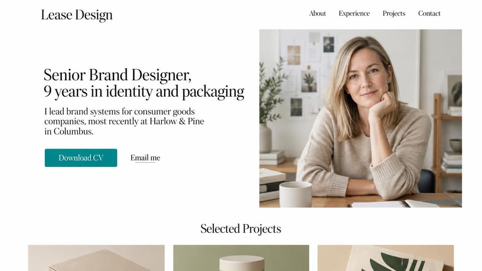 Resume website design, senior brand designer with a row of packaging projects: white page, a black serif headline, a teal download CV button, a photo of a woman at a desk before a pinned moodboard and three packaging photos below