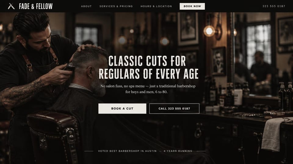 Barbershop website design, traditional barbershop for every age: dark photo of a barber at work, centered condensed white capitals, a white book button and an outlined call button
