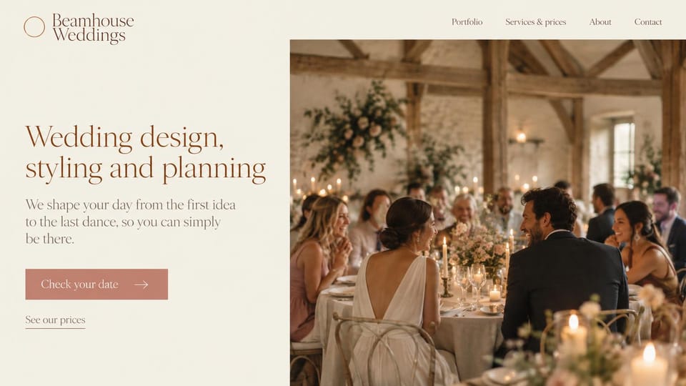 Wedding planner website design, design and planning studio with a rustic barn dinner: cream page, large rust-brown serif headline, photo of a laughing couple at a candlelit table under wooden barn beams, dusty-rose date button with an underlined prices link