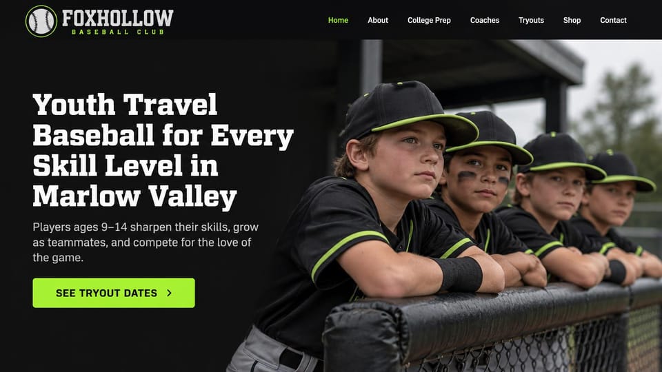 Sports team website design, travel baseball in black and lime: black page, a heavy white slab headline, a lime button and four boys in black and lime caps leaning on the dugout rail