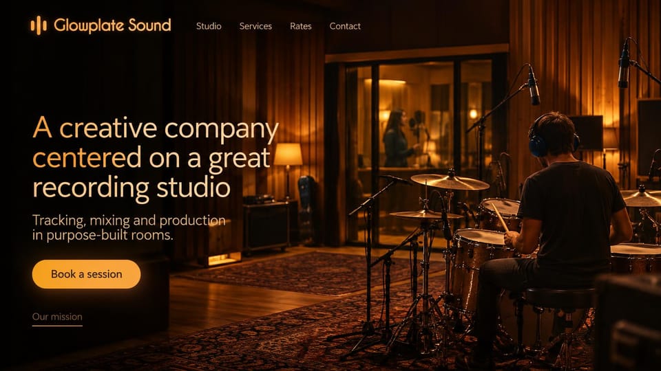 Recording studio website design, recording and production with a drummer in amber light: dark, warm wood live room with a drummer in headphones at his kit, large amber headline, orange rounded session button