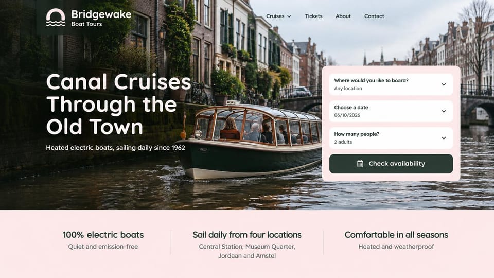 Travel agency website design, canal cruises with an availability form: dark photo of a glass-topped canal boat between old brick houses, white headline, white availability form with a dark green button, pale pink band of three promises