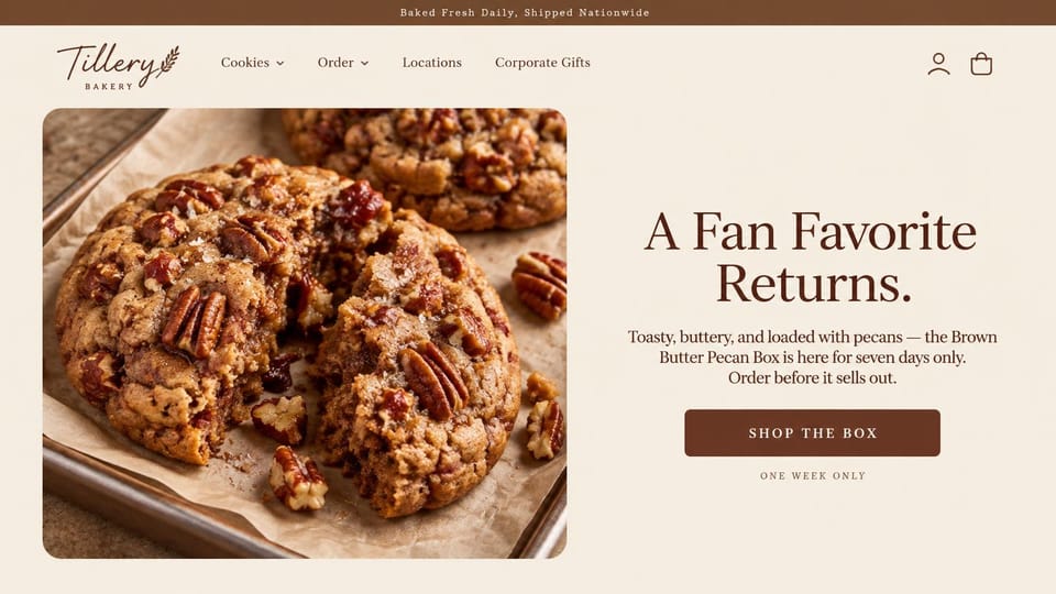Cafe website design, cookie drop with a one-week box: cream page, a close-up of pecan cookies beside a brown serif headline and a shop button