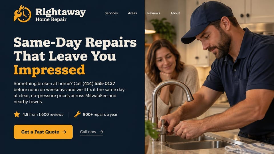 Handyman website design, same-day repairs with a call-by time: dark navy panel, a cream and gold slab serif headline, a gold quote button and a handyman fixing a kitchen faucet while a woman watches