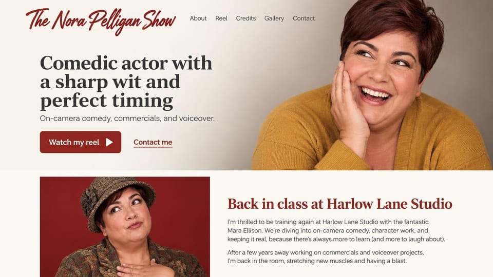 Actor website design, comedic on-camera and voice actor in mustard and brick red: cream page, a red script logo, a large charcoal serif headline, a brick red reel button with a play icon, a laughing woman in a mustard cardigan and a second portrait in a hat on a deep red backdrop
