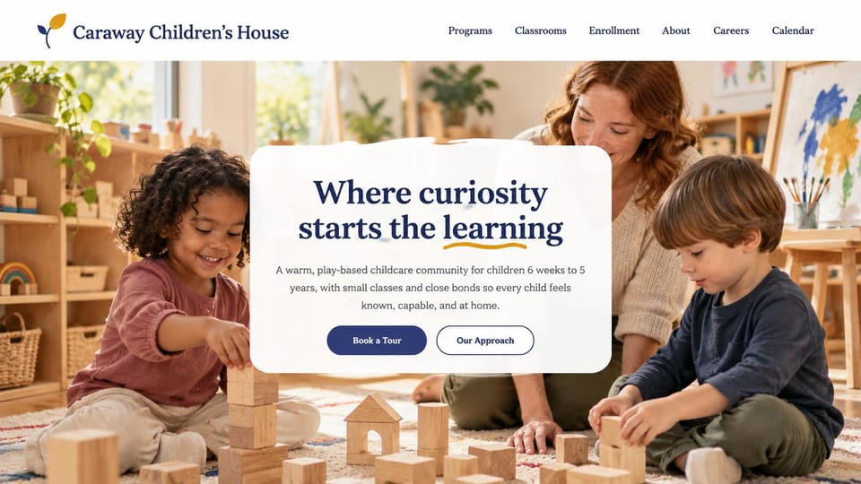 Daycare website design, childcare with a centered card over the classroom: full-width sunny classroom photo of a teacher and two children building with wooden blocks, a centered white card with a navy serif headline and navy buttons